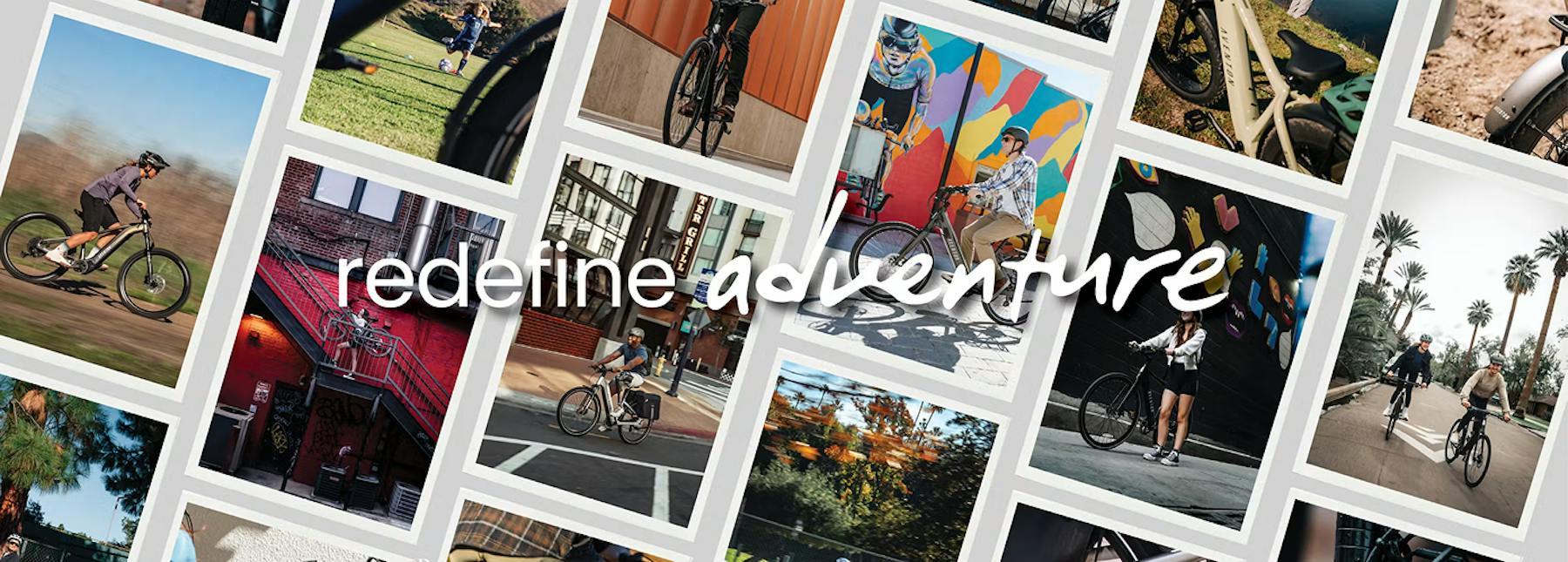 Collage of Aventon riders using e-bikes in cities, neighborhoods, and on trails