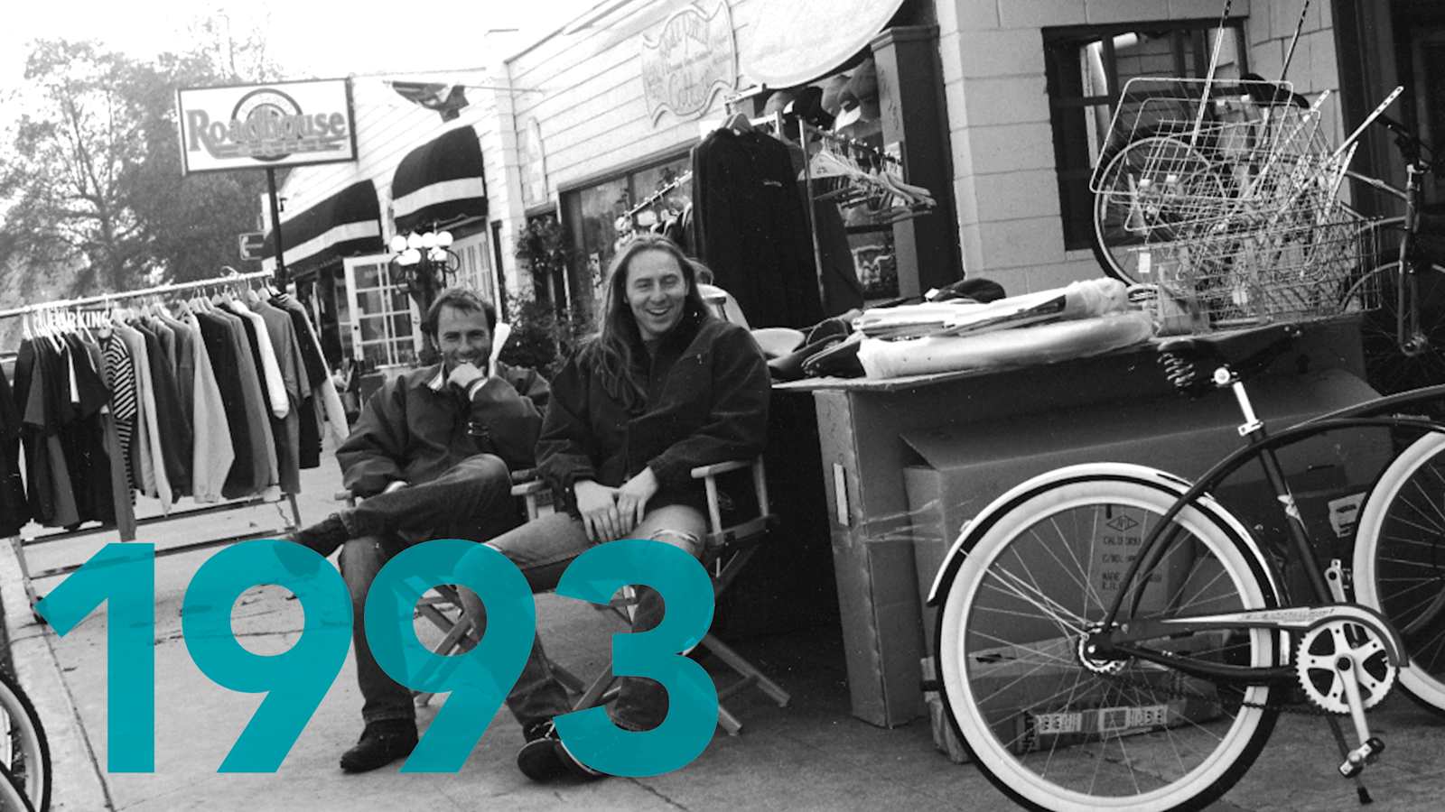 Electra founders outside their first shop in Leucadia, California in 1993